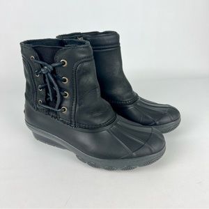 Sperry Saltwater Wedge Black Quarter Duck Boots 6